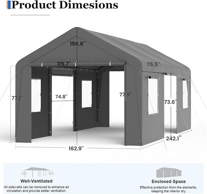 Carport, 13‘ x 20’ Heavy Duty Portable Garage All-Season Car Canopy w/Removable - Image 5