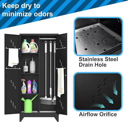 71" Broom Closet Cabinet with Hanging Rod, Tall Black Metal Storage Cabinet - Image 3
