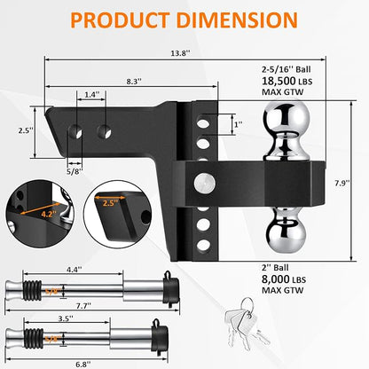 Adjustable Trailer Hitch-Drop Hitch Fits 2.5-Inch Receiver -6" Drop/Rise Tow - Image 4