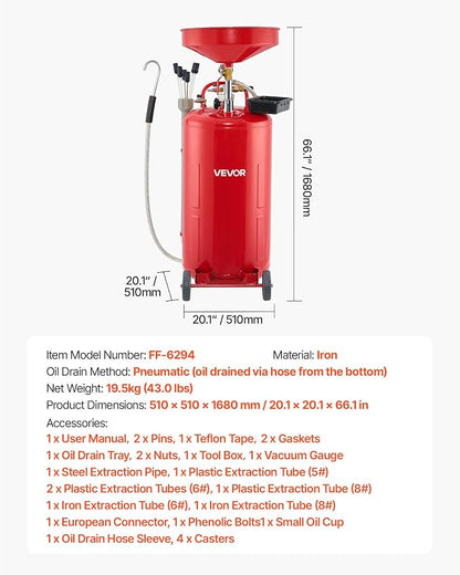 VEVOR 21 Gallon Waste Oil Drain Tank, Air Operated Portable Oil Drainer - Image 7