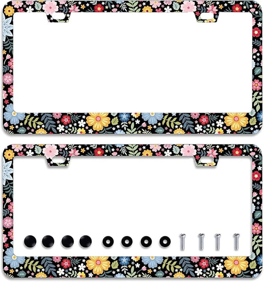 2Pcs Colorful Floral Flowers License Plate Frame Personalise Cute License Plate by Omw2fyb