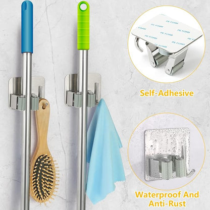 Stainless Steel Broom Holder, Self-Adhesive, 4 Gripper Positions, 4 Hooks - Image 4