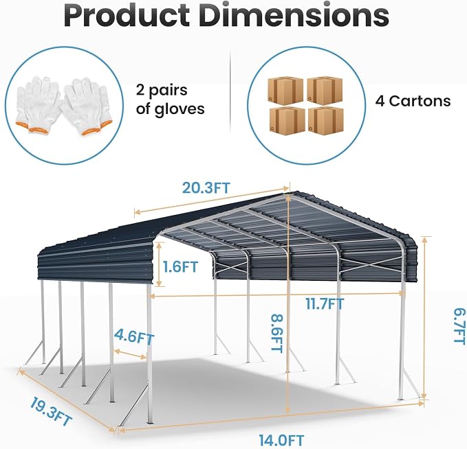 12x20' Heavy Duty Metal Carport – Sturdy Structure, All-Weather Protection - Image 2