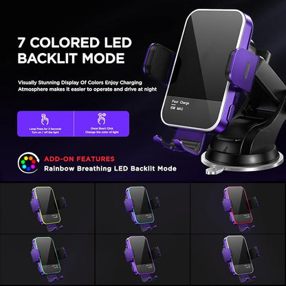Wireless Car Charger, 【7 Colored RGB Backlit】15W Auto Clamping Car Charger - Image 2