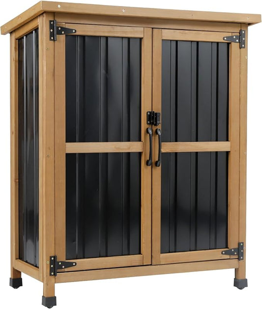 Outdoor Storage Cabinet Wood & Metal Small Storage Shed Waterproof Roof by Ketive