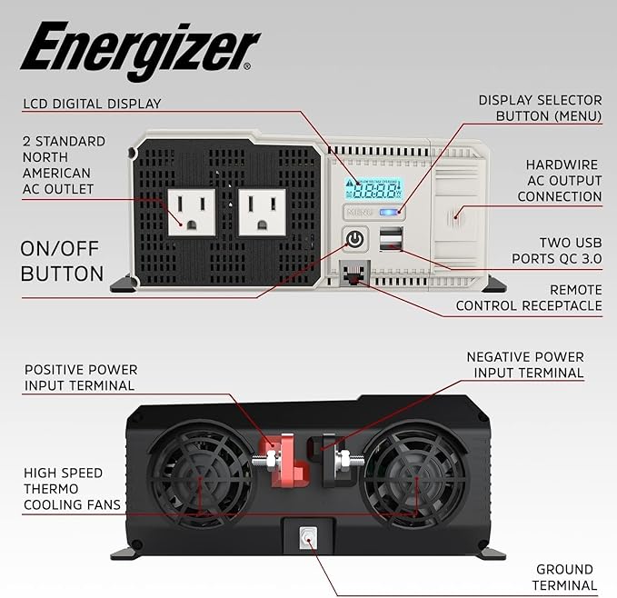 Energizer 1100 Watt 12V to 110v Pure Sine Wave Inverter Dual AC Outlets & USB - Image 4