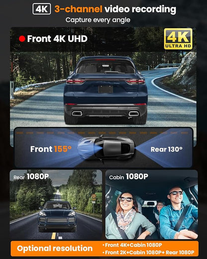 4K 3 Channel Dash Cam, 2160P+1080P+1080P Front and Rear Inside Car Camera - Image 2