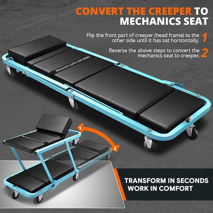 DNA MOTORING 48" 2 IN 1 Folding Rolling Garage Shop Creeper Roller Seat - Image 3