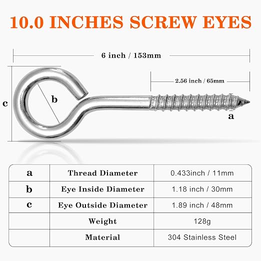 8Pcs Self Tapping Eyelet Screw Eye Bolt，6 Inch Heavy Duty Screw Eyes Hooks ，M10 - Image 2