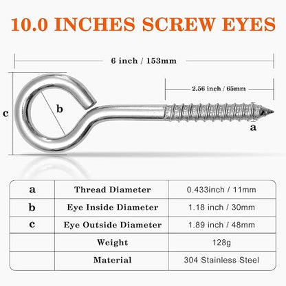 4Pcs Self Tapping Eyelet Screw Eye Bolt，6 Inch Heavy Duty Screw Eyes Hooks ，M10 - Image 2