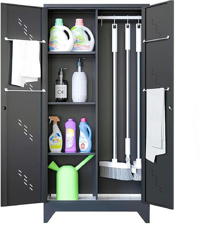 71" Broom Closet Cabinet with Hanging Rod, Tall Black Metal Storage Cabinet by VASAAOSD