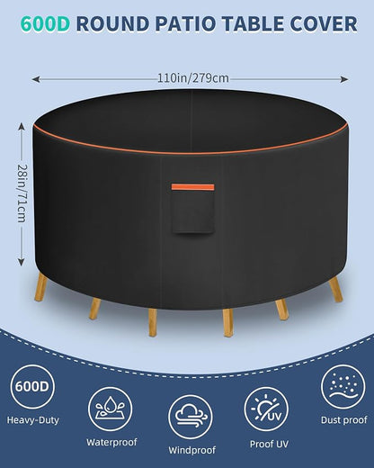 Round Patio Furniture Cover, 110 Inch Diameter Waterproof 600D Heavy Duty Table - Image 2