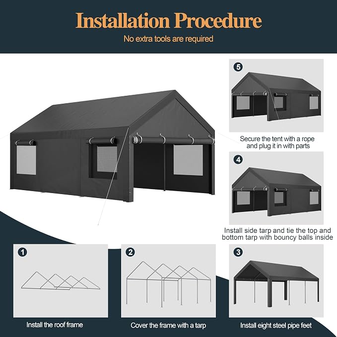 Shintenchi Carport 12' x 20' Heavy Duty Portable Garage, Car Port Canopy - Image 6