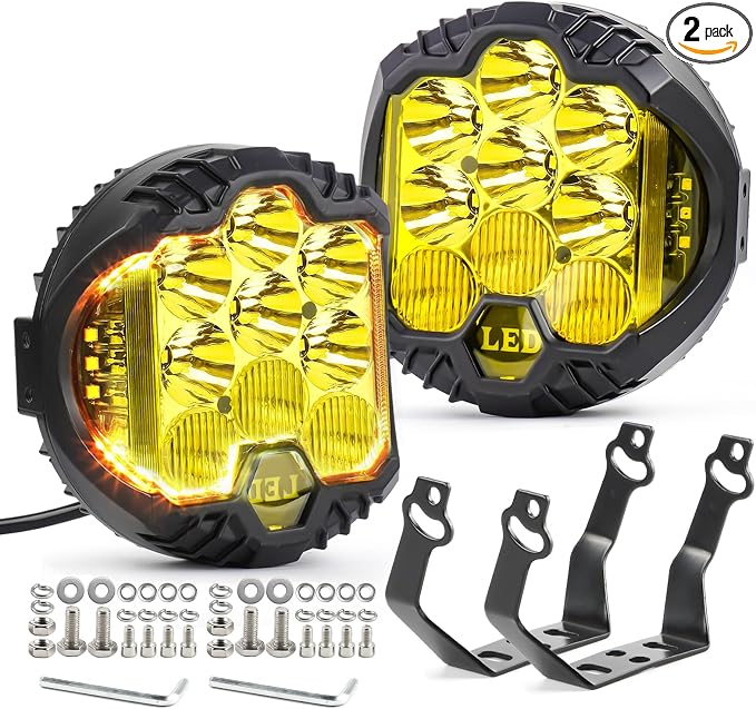 LIGBT 7 Inch Pair Amber Round LED Offroad Lights 90W Amber Yellow Off Road by LIGBT