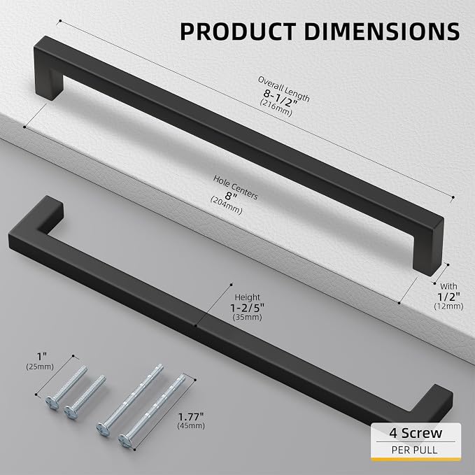 goldenwarm 200Pack 8INCH Matte Black Cabinet Pulls Kitchen Hardware, 204mm - Image 2