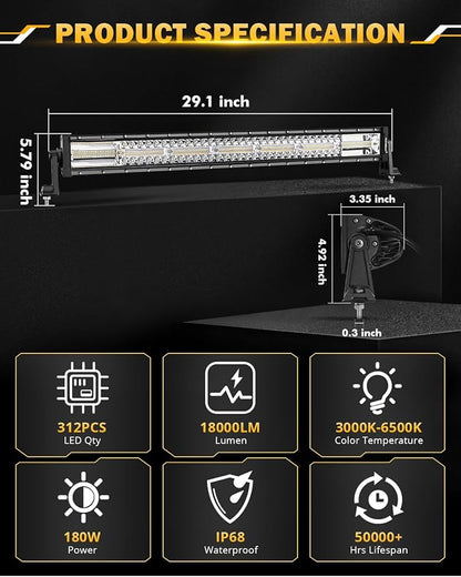 Auxbeam 30 Inch 180W LED Light Bar, 6 Modes Spot Flood Combo Offroad Lighting - Image 4