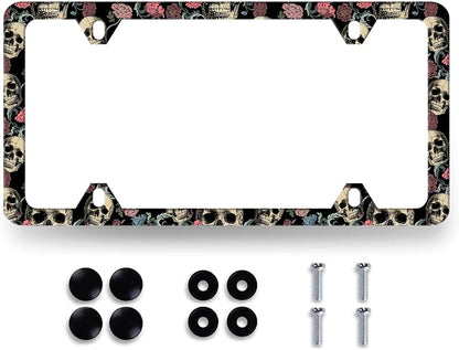 Skulls Flowers License Plate Frame Colorful Skull License Plate Stainless Steel by MUAWUOIK