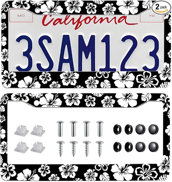 2 Pack Hibiscus License Plate Frame-Rustproof Aluminum White Hibiscus Floral by Unknown