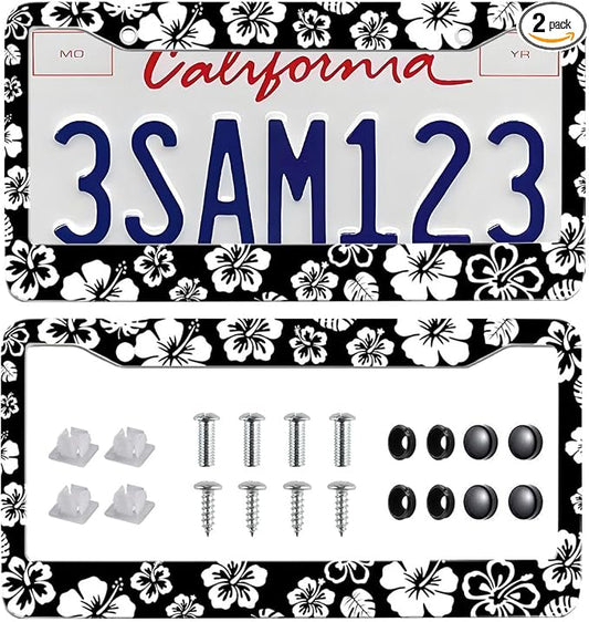 2 Pack Hibiscus License Plate Frame-Rustproof Aluminum White Hibiscus Floral by Unknown