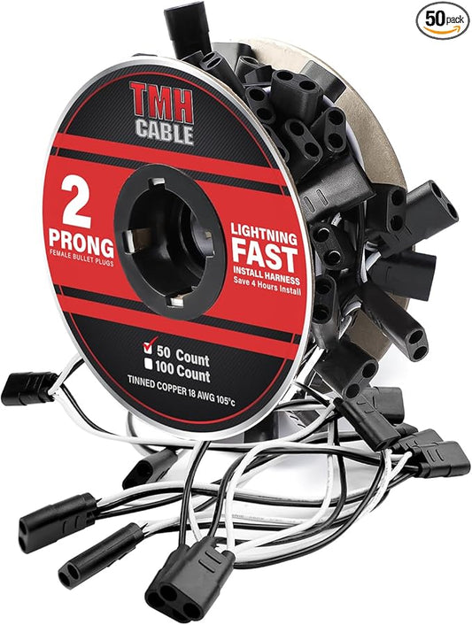 TMH 50 Count 2-Prong Wire Harness Roll Double Female Bullet Plug 18 Gauge by TMH