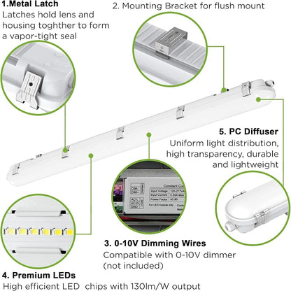 TIERONE 4ft LED Vapor Tight Light 50W Outdoor Shop Light IP65 Waterproof 0-10V - Image 3