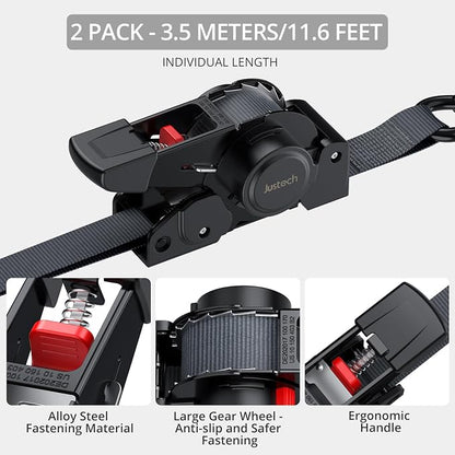 Justech 2 Pack Retractable Ratchet Straps, 1 in x 11.6 ft-1411 lbs Break - Image 2