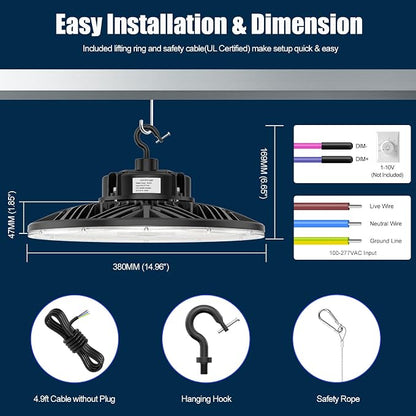 300W UFO LED High Bay Light 1-10V Dimmable, 5000K Daylight 42000LM, UL DLC - Image 3