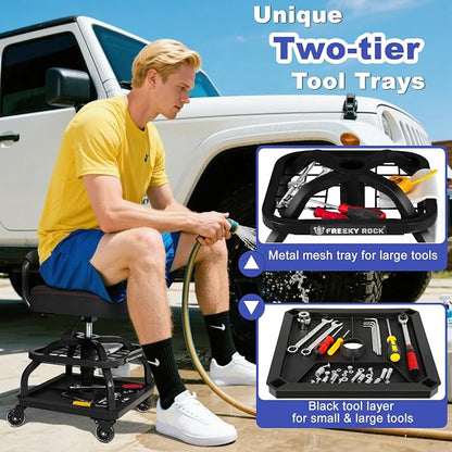 Rolling Shop Stool with Wheels, Garage Mechanic Shop Chair with Handle Backrest - Image 3
