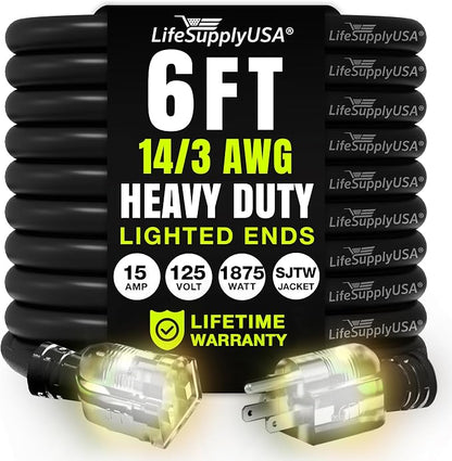 6ft Outdoor/Indoor Extension Cord 14/3 Gauge Heavy Duty 3 Prong SJTW, Waterproof by LifeSupplyUSA