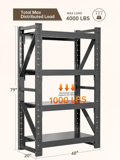 4-Tier Storage Shelves, Adjustable Industrial Metal Shelf System, 000lbs - Image 3