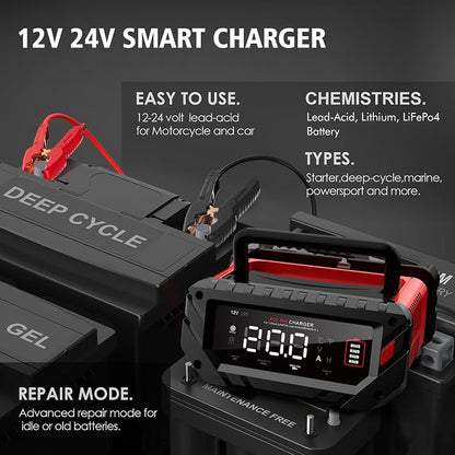 20-Amp Car Battery Charger, 12V/24V Smart Automotive Charger, Battery Maintainer - Image 2