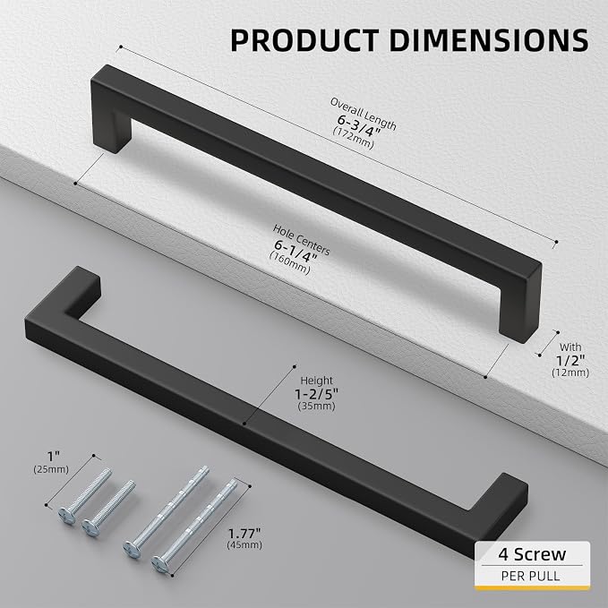 goldenwarm 30 Pack 6-1/4INCH Black Square Bar Cabinet Pull Drawer Handle - Image 2