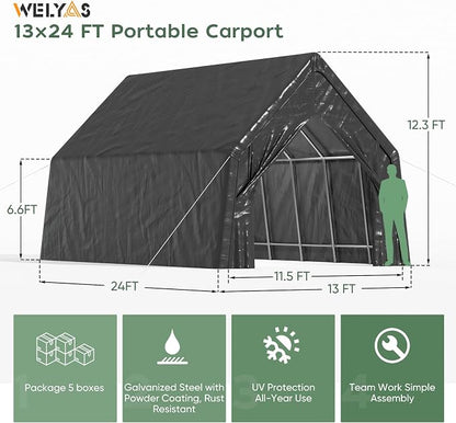 13 x 24 FT Carport, Heavy Duty Car Port Outdoor UV Garage - Image 4