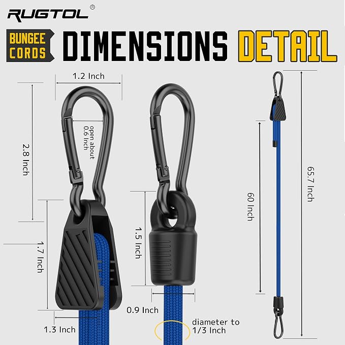 Bungee Cords with Hooks, 60 Inch Adjustable Blue Bungee Cords with Carabiner - Image 5