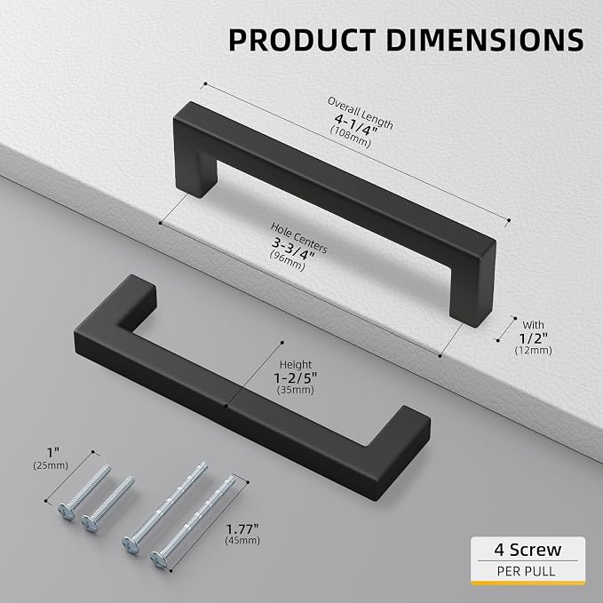 Goldenwarm 2Pack Black Square Bar Cabinet Pull Drawer Handle Stainless Steel - Image 2