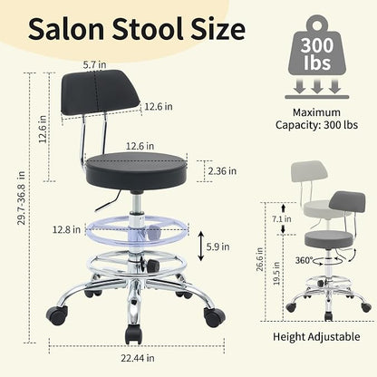 Rolling Stool with Back, Adjustable Height Foot Rest Rolling Salon Chair - Image 2
