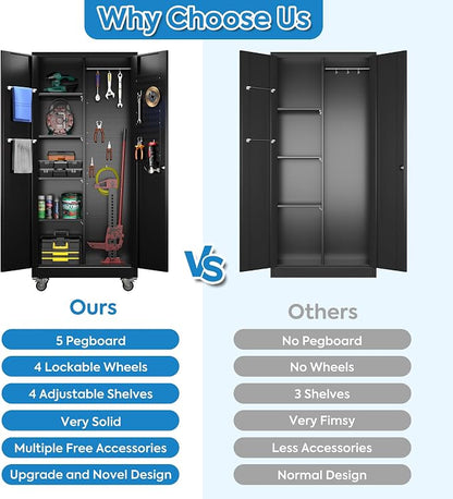 Garage Storage Cabinet with Wheels and 5 Pegboard, Broom Closet Storage Cabinet - Image 7