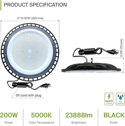 ASD LED High Bay UFO Light Fixture, Commercial Shop Lighting | Plug & Play Cable - Image 2