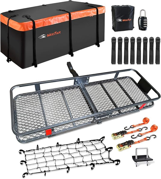 MeeFar Folding Hitch Mount Cargo Carrier Basket 60" X 20" X 6"+Waterproof Cargo by MeeFar