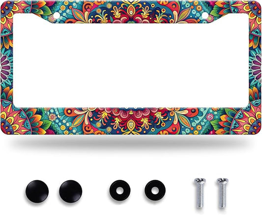 Boho License Plate Frame Beautiful Mandala Flowers License Plate Stainless by GORSNKYE