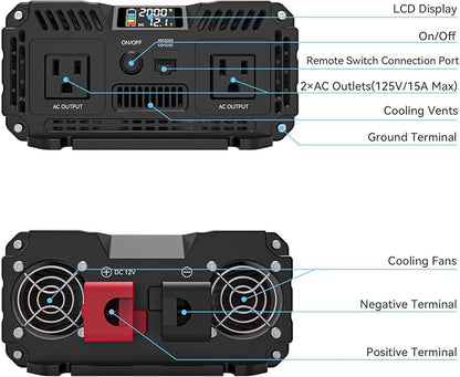 ALLWEI 2000W Pure Sine Wave Inverter 12V DC to 110V AC Converter, Surge 4000W - Image 6