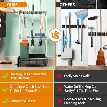 Broom mop Holder Cleaning Supplies Organizer Janitor carts on Wheels - Image 4