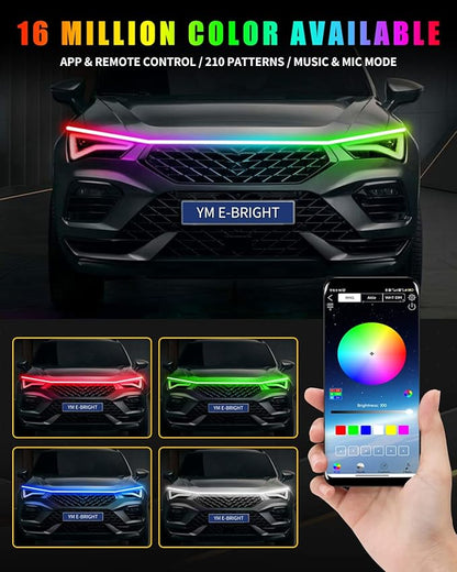 YM E-Bright Car Led Lights Exterior RGB Hood Light Strip Waterproof Multicolor - Image 4