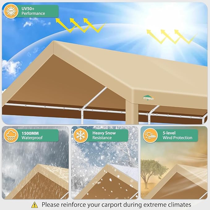 COBIZI Carport 12x20ft Heavy Duty Portable Garage, 2.0 Powder Coated Frame - Image 4