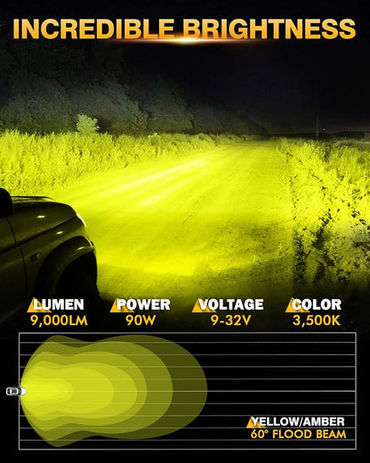 Auxbeam P4 Series Flood Beam Amber Round Light Pods, 4 Inch 90W Yellow Flood - Image 3