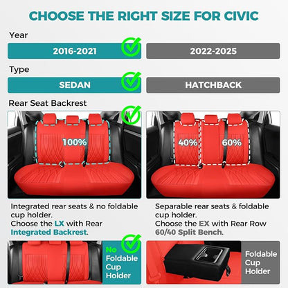 Seat Covers for Honda Civic Sedan LX 2016 2017 2018 2019 2020 2021, Faux - Image 2