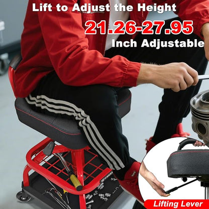 Rolling Shop Stool with Wheels, Garage Mechanic Shop Chair with Handle Backrest - Image 2
