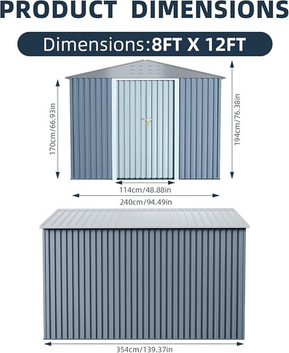 8X12FT Outdoor Metal Storage Shed, Lockable Weatherproof Garden Shed - Image 2