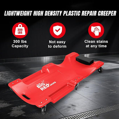 Big RED Plastic Rolling Garage/Shop Creeper: Dual Tool Trays and 6 Casters - Image 4