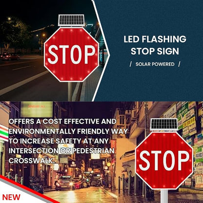 30" Solar Stop Sign Solar Powered LED Blinking Reflective Street Traffic - Image 3